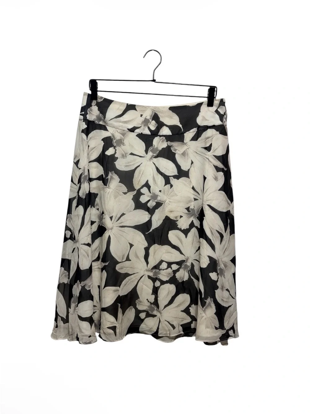 100% Silk Black and White Floral A-Line Skirt